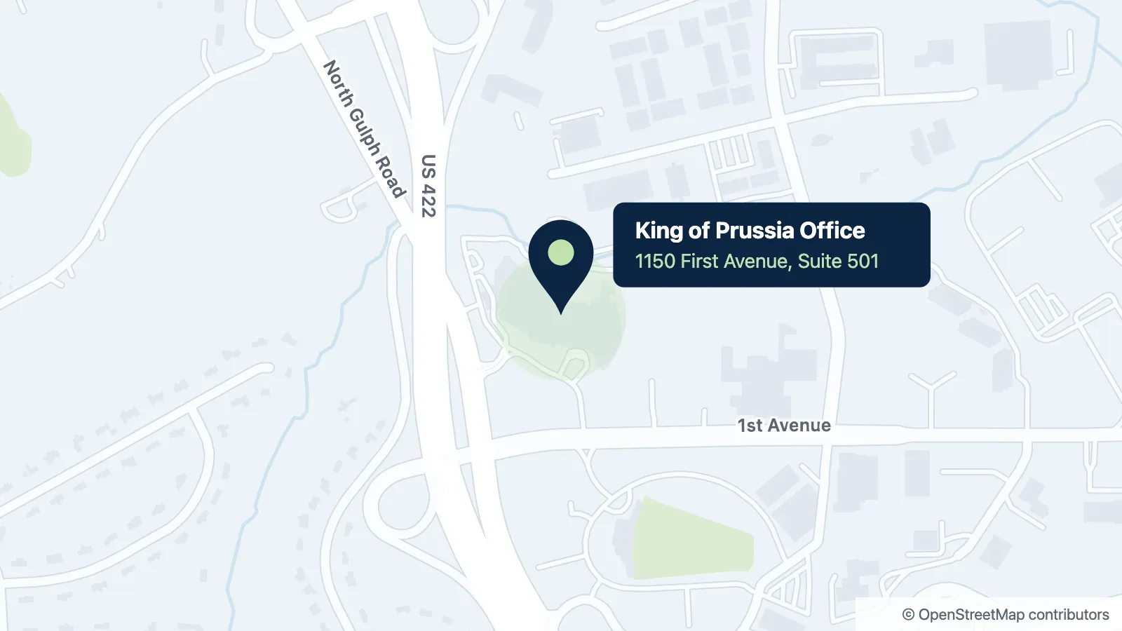 Map of the New Hope Divorce Mediation office at 1150 First Avenue, Suite 501, King of Prussia, PA 19406