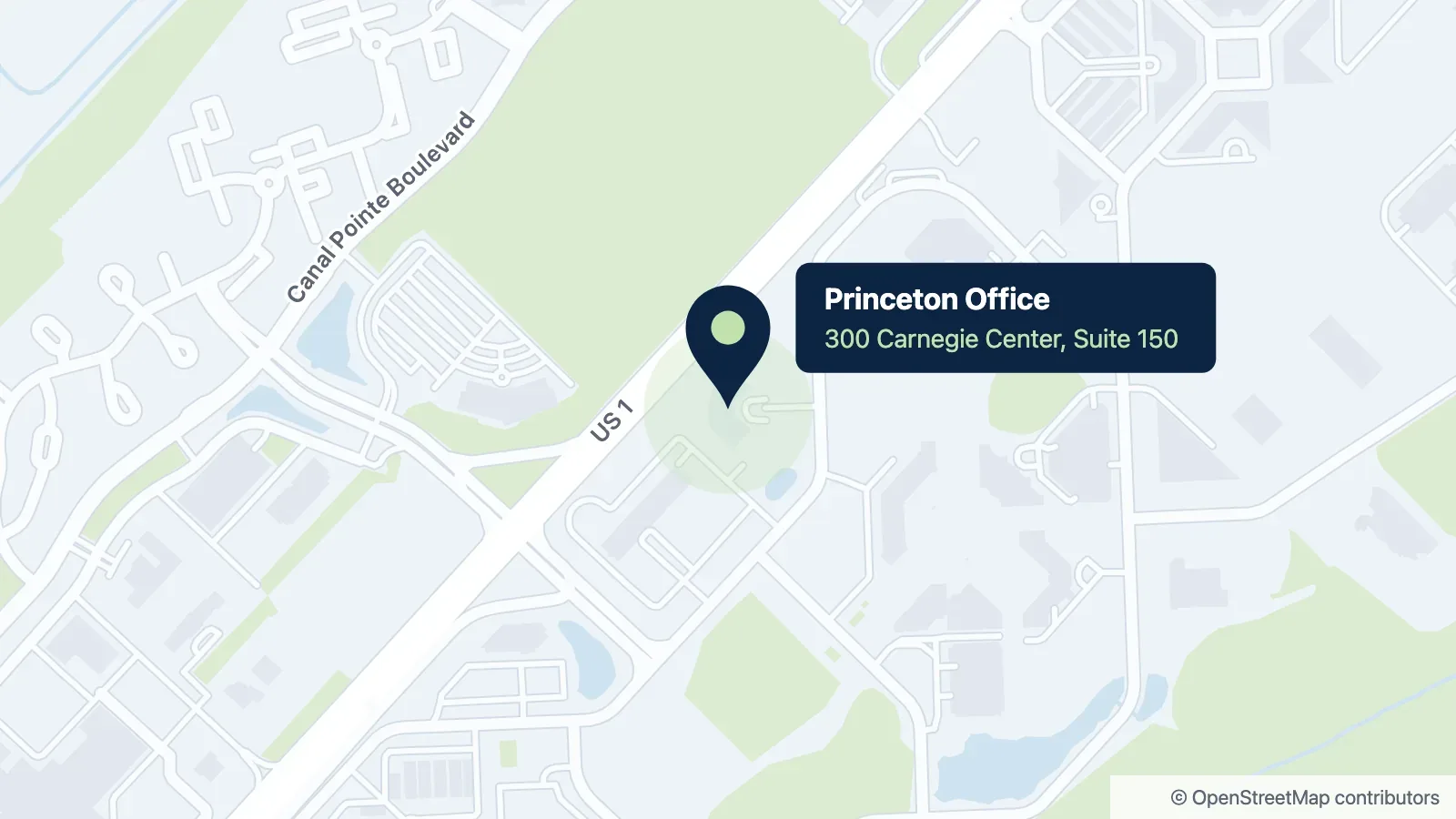 Map of the New Hope Divorce Mediation office at 300 Carnegie Center, Suite 150, Princeton, NJ 08540