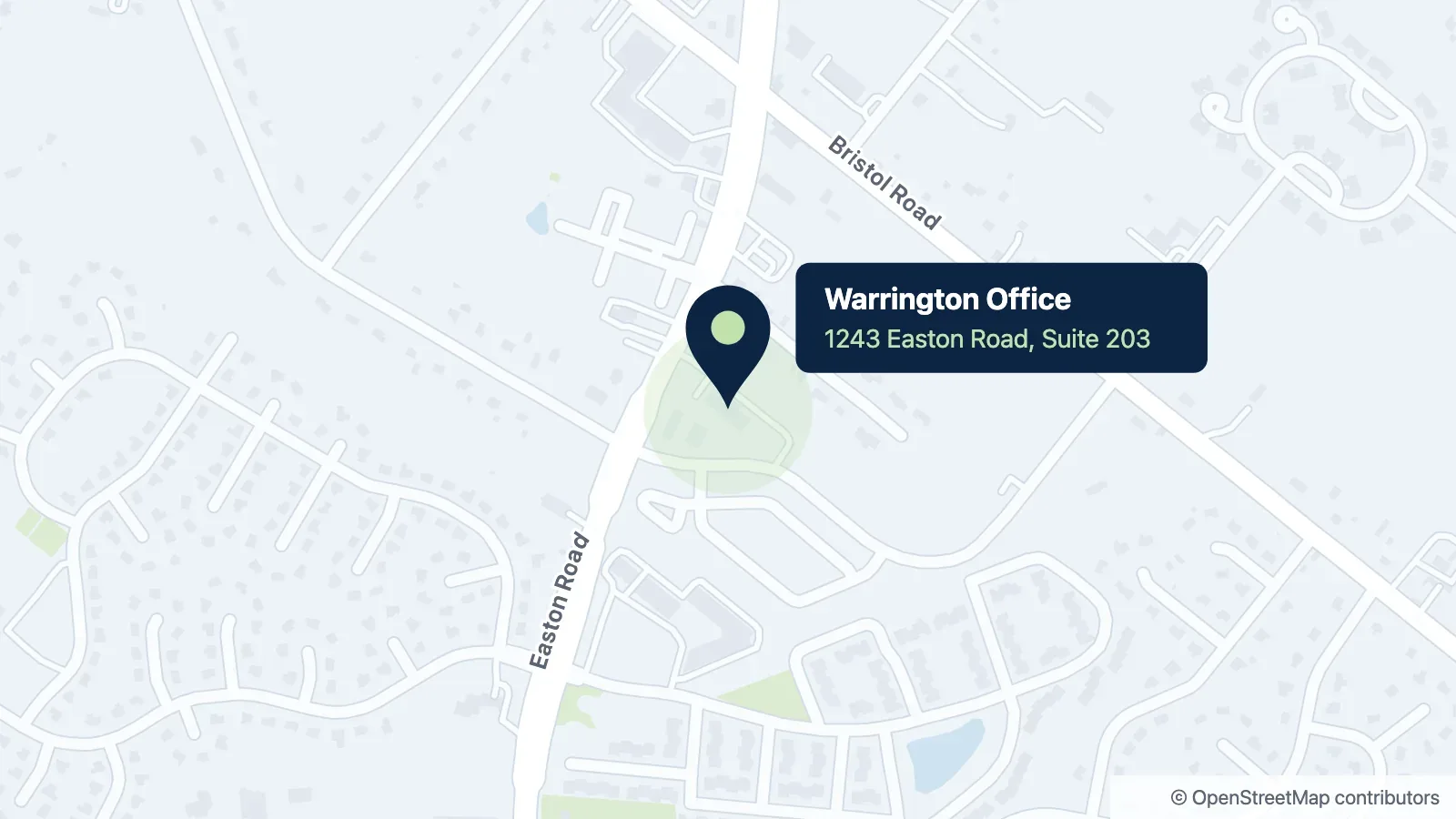 Map of the New Hope Divorce Mediation office at 1243 Easton Road, Suite 203, Warrington, PA 18976