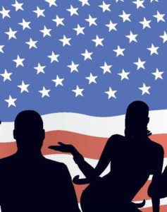 silhouettes of a man and woman talking in front of an American flag